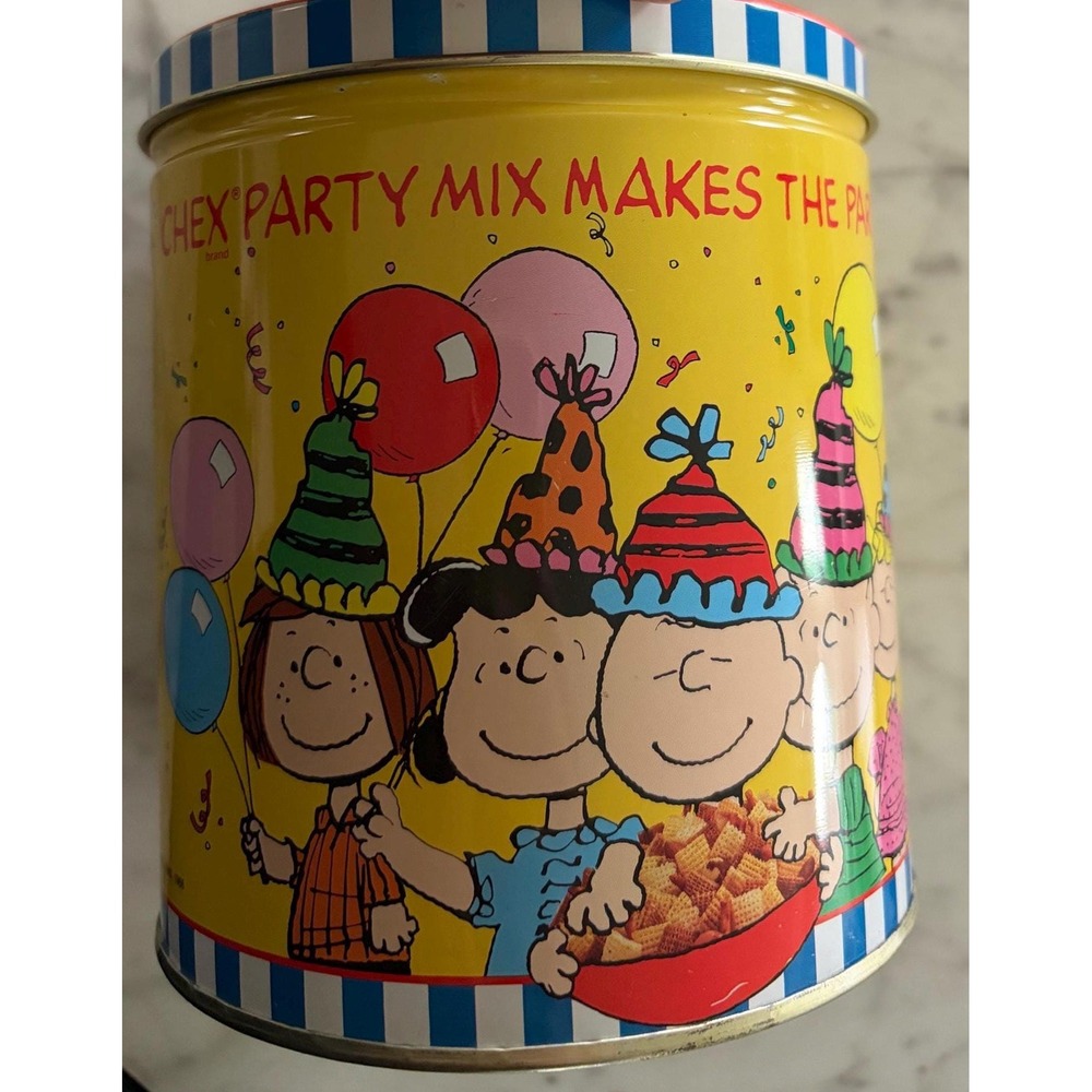 90s Vintage Chex Mix Food Tin Recipe Peanuts Snoopy Cartoon TV Comic Book Cereal